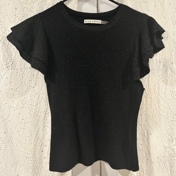 alice + olivia Black Sparkle Flutter Sleeve Top - Picture 1 of 10